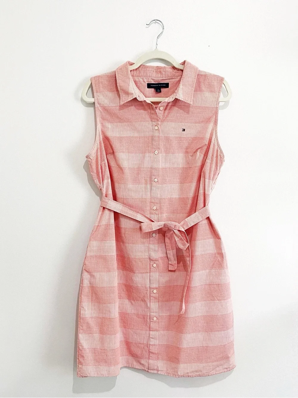 Tommy‎ Hilfiger Pink Plaid Gingham Shirt Dress Tie Waist Coastal Preppy Size 16 - Picture 2 of 14